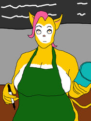  anthro apron clothing coffee_cup confusion container cup domestic_cat felid feline felis female green_apron green_clothing hi_res i_mean_breast_milk mammal marker meme monique_pussycat solo starbucks super_fuck_friends tanimationllc 