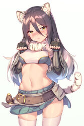  absurdres animal_ear_fluff animal_ears bandeau belt black_gloves black_hair blush breasts brown_belt capelet chinese_commentary commentary_request cowboy_shot elbow_gloves female fingerless_gloves fur_capelet gauntlets gloves gradient_hair grey_hair hair_between_eyes highres long_hair looking_at_viewer medium_breasts miniskirt multicolored_hair navel open_mouth paw_pose princess_connect! sgt-jz shiori_(princess_connect!) simple_background skirt solo tail thighhighs thighs tiger_ears tiger_girl tiger_tail white_background white_thighhighs yellow_eyes 