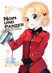  black_bow black_skirt blue_eyes bow braid commentary_request copyright_name cover cover_page cup doujin_cover english_text epaulettes female girls_und_panzer hairbow highres holding holding_saucer holding_teapot jacket long_sleeves looking_at_viewer military military_uniform open_mouth orange_hair orange_pekoe_(girls_und_panzer) parted_bangs pouring red_jacket saucer short_hair skirt smile solo st._gloriana&#039;s_military_uniform standing teacup teapot tied_hair toon_(noin) twin_braids uniform white_background 