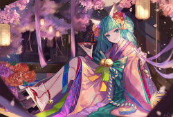  alternate_costume animal_ears aqua_bow aqua_eyes bell blunt_bangs bow cherry_blossoms commentary crossed_legs cup eyelashes female flower fox_ears full_body geta hair_flower hair_ornament hatsune_miku huge_bow japanese_clothes kemonomimi_mode kimono lantern long_hair long_sleeves looking_at_viewer night obi outdoors parted_lips peony_(flower) pink_flower pink_kimono pink_ribbon purple_flower qie red_flower ribbon sakazuki sash signature sitting smile solo striped striped_bow tabi tree twintails very_long_hair vocaloid white_legwear wide_sleeves yellow_flower 