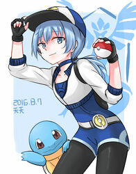  1boy ansatsu_kyoushitsu baseball_cap black_pantyhose blue_eyes blue_hair choker closed_mouth cosplay crossover dated female_protagonist_(pokemon_go) female_protagonist_(pokemon_go)_(cosplay) fingerless_gloves gloves hat holding holding_poke_ball long_hair looking_at_viewer male_focus otoko_no_ko pantyhose poke_ball poke_ball_(basic) pokemon pokemon_(creature) pokemon_go ponytail shiota_nagisa simple_background smile squirtle team_mystic tenten_(kitty) 