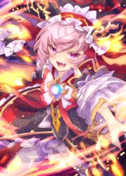  female fire frills gem headdress highres holding holding_weapon ittokyu looking_at_viewer mogthrasir oerba_yun_fang open_mouth pink_hair purple_eyes signature skin_fang skirt solo tongue valkyrie_connect weapon 