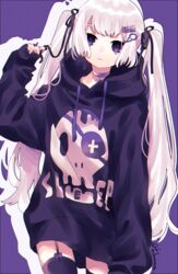  black_legwear bow choker expressionless female garter_straps hair_ribbon hood hoodie long_hair original outline purple_background purple_choker purple_eyes purple_hoodie ribbon signature skull_print thighhighs tsubaki_tsubaru twintail_girl_(tsubaki_tsubara) twintails white_hair white_outline 