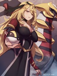  black_choker blonde_hair breasts choker collarbone commentary_request cynthia_(pokemon) cynthia_(sygna_suit)_(renegade)_(pokemon) dated dress eyelashes female fingernails from_below giratina giratina_(altered) grey_eyes hair_ornament hair_over_one_eye highres holding holding_poke_ball large_breasts long_hair long_sleeves looking_down official_alternate_costume parted_lips poke_ball pokemon pokemon_(creature) pokemon_masters_ex sidelocks signature smile ultra_ball yamamori_kinako 