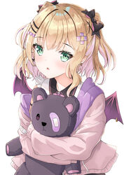  :o bandaid black_bow blonde_hair blush bow brown_jacket collared_shirt commentary_request drawstring earrings female green_eyes hair_ornament hairbow hairclip heart heart_hair_ornament highres hood hood_down hooded_jacket hugging_object iris_black_games jacket jewelry kurumi_noah looking_at_viewer multicolored_hair oerba_yun_fang open_clothes open_jacket parted_lips pink_hair shirt simple_background solo streaked_hair stuffed_animal stuffed_toy synn032 teddy_bear two_side_up virtual_youtuber vspo! white_background white_shirt x_hair_ornament 