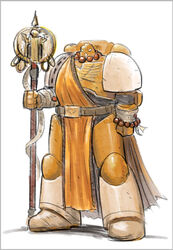  1boy adeptus_astartes armor beads buddhism commentary english_commentary facial_mark gauntlets helmet lutherniel male_focus monk pauldrons power_armor prayer_beads purity_seal robe shakujou shoulder_armor solo staff warhammer_40k 