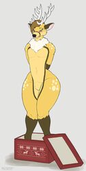  2021 anthro artist_name black_nose blue_eyes blush box chest_tuft colored container deer femboy fur gift hi_res horn looking_aside male mammal markings navel nude simple_background solo spots standing tuft white_tuft wide_hips wolfarion yellow_body yellow_fur 