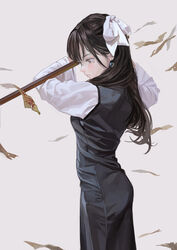  black_dress brown_eyes brown_hair china_dress chinese_clothes closed_mouth commentary cowboy_shot dress earrings eyeball_bracelet_girl_(fkey) female fkey from_side grey_background hair_ribbon holding jewelry long_hair mole mole_under_eye ofuda original ribbon solo standing symbol-only_commentary white_ribbon yin_yang yin_yang_earrings 