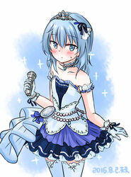  1boy ansatsu_kyoushitsu blue_eyes blue_hair blue_thighhighs blush chinese_commentary choker collarbone commentary_request crossdressing dated detached_sleeves frills gloves jewelry long_hair looking_at_viewer male_focus microphone necklace otoko_no_ko pearl_necklace ribbon shiota_nagisa simple_background skirt solo sweat tenten_(kitty) thighhighs tiara 