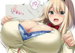  blonde_hair bouncing_breasts bra breasts bursting_breasts button_gap cleavage female hairband huge_breasts large_breasts looking_at_breasts open_clothes open_mouth original popped_button ribbon standing surprised suzuki_nene tearing_up underwear uniform 