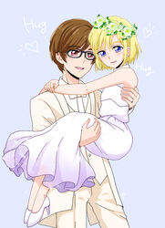  2boys aisaki_masato bad_id bad_pixiv_id blonde_hair bride brown_hair carrying couple crossdressing dress flower flower_wreath formal glasses head_wreath high_heels highres hugtto!_precure husband_and_husband jewelry looking_at_viewer male_focus multiple_boys otoko_no_ko precure princess_carry purple_eyes red_eyes reira_(reomimi0211) ring suit wakamiya_henri wedding wedding_dress wedding_ring white_suit wreath yaoi 