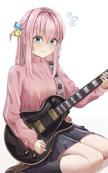  black_skirt black_socks blue_eyes blush bocchi_the_rock! brown_footwear closed_mouth commentary cube_hair_ornament electric_guitar female flying_sweatdrops gibson_les_paul gotoh_hitori guitar hair_ornament highres holding holding_instrument instrument jacket loafers long_hair looking_at_viewer musson one_side_up pink_hair pink_jacket school_uniform shoes shuka_high_school_uniform simple_background sitting skirt socks solo white_background 