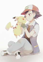  1boy absurdres baseball_cap blush brown_hair buttons clip_studio_paint_(medium) closed_mouth commentary_request fingerless_gloves gloves green_gloves hat highres holding holding_pokemon jacket male_focus one_eye_closed open_clothes open_jacket pants pikachu pokemon pokemon_(anime) pokemon_(classic_anime) pokemon_(creature) reirou_(chokoonnpu) satoshi_(pokemon) shirt shoes short_hair short_sleeves sitting smile 