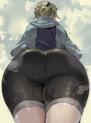  ass ass_focus bike_shorts black_shorts cloud cloudy_sky day facing_away female foreshortening from_behind from_below hood hood_down hoodie huge_ass kazo_(kazozakazo) light_brown_hair original outdoors parka-chan_(kazo) short_hair shorts sky solo standing thighs walking wide_hips 