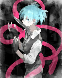  1boy adjusting_clothes adjusting_gloves ansatsu_kyoushitsu belt blue_eyes blue_hair collared_shirt combat_knife cowboy_shot fingerless_gloves fumiharu glove_pull gloves jacket knife kunugigaoka_middle_school_uniform light_blue_hair looking_at_viewer looking_to_the_side male_focus mouth_hold necktie pants partially_colored school_uniform shiota_nagisa shirt short_hair short_twintails snake solo twintails vest weapon 