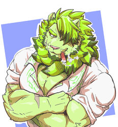  2021 anothereidos_of_dragon_vein_r anthro biceps cigar clothed clothing colored debirobu eyebrows facial_scar felid fur green_body green_eyebrows green_eyes green_fur green_mane hair hair_over_eye leonhart_(anothereidos_r) lion male mammal mane muscular muscular_anthro muscular_male one_eye_obstructed pantherine pecs pink_nose scar shirt smoke smoking solo thick_eyebrows topwear 