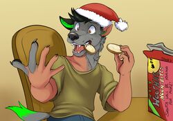  2021 5_fingers anthro black_claws black_ears black_hair black_nose blue_bottomwear blue_clothing blue_pants bottomwear box brown_eyes canid canine canis chair cheek_tuft christmas christmas_clothing christmas_headwear claws clothed clothing container cookie crumbs dipstick_tail ear_transformation eating elbow_on_table facial_tuft fangs fingernails fingers fluffy food fur furniture gradient_background green_clothing green_inner_ear green_inner_ear_fluff green_shirt green_tail_tip green_topwear grey_body grey_fur grey_tail growth hair hat headgear headwear hi_res holding_food holding_object holidays human humanoid_pointy_ears inner_ear_fluff legwear looking_at_hand male mammal markings mid_transformation nails neck_tuft open_mouth oversized_clothing pants pawpads raised_arm santa_hat shadow shirt shocked simple_background sitting snout snout_growth solo species_transformation stickmanwww surprise surprised_expression table tail tail_growth tail_markings tan_body tan_skin teeth teeth_showing text topwear transformation transformation_through_food tuft wide_eyed wolf 