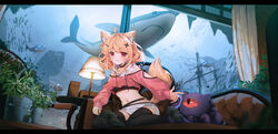  :q alheitrakzoth animal_ears aquarium black_thighhighs blonde_hair breasts bucket cat_ears cat_girl cat_tail commission controller couch creature crop_top daikazoku63 female fish game_controller gamepad highres letterboxed long_sleeves medium_breasts navel plant red_eyes shark ship short_hair short_shorts shorts shyrei_faolan tail thighhighs tongue tongue_out virtual_youtuber vyugen watercraft 