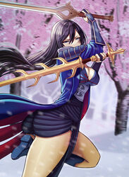  absurdres alternate_costume alternate_hair_color armor ass black_hair blue_eyes boots breasts cherry_blossoms cleavage coattails commission commissioner_upload cosplay dual_wielding falchion_(fire_emblem) female fire_emblem fire_emblem_awakening fundoshi fur_trim gloves hair_between_eyes high_heels highres holding japanese_clothes katana long_hair looking_at_viewer lucina_(fire_emblem) non-web_source outdoors panties pantyshot pelvic_curtain saikunartworks say&#039;ri_(fire_emblem) say&#039;ri_(fire_emblem)_(cosplay) seven-branched_sword side_slit snow solo sword thighs underwear weapon white_panties 