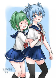  1boy ansatsu_kyoushitsu black_socks black_thighhighs blue_background blue_eyes blue_hair blue_sailor_collar blue_skirt blush border bracelet collarbone crossdressing facing_another feet_out_of_frame female green_hair hair_tie hands_on_another&#039;s_shoulders jewelry kayano_kaede kneehighs light_blue_hair long_hair looking_at_another looking_to_the_side neckerchief open_mouth otoko_no_ko outside_border pleated_skirt red_neckerchief ribbon sailor_collar school_uniform serafuku shiota_nagisa shirt short_hair short_sleeves short_twintails skirt smile socks straight sweat tenten_(kitty) thighhighs twintails white_border white_shirt 