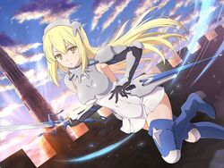  aiz_wallenstein armor battlement blonde_hair blue_footwear blue_sky blue_thighhighs boots breastplate breasts cloud covered_navel crossover dress dungeon_ni_deai_wo_motomeru_no_wa_machigatteiru_darou_ka dusk elbow_gloves evening female gauntlets gloves gradient_sky holding holding_sword holding_weapon long_hair looking_at_viewer medium_breasts official_art open_mouth orange_sky outdoors pink_sky senran_kagura senran_kagura_new_link sheath short_dress sky solo sunlight sword thigh_boots thighhighs third-party_source tower twilight weapon white_dress yaegashi_nan yellow_eyes 