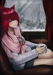  absurdres animal_ears blue_eyes cat_ears choker commission cup eyes_visible_through_hair female final_fantasy final_fantasy_xiv highres holding holding_cup long_hair miqo&#039;te pixiv_commission pleated_skirt red_hair scarf sitting skirt solo sweater warrior_of_light_(ff14) window zeri_(zeristudio) 