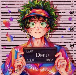  1boy absurdres barbie_(character) barbie_(franchise) barbie_(live_action) barbie_mugshot_(meme) boku_no_hero_academia character_name cosplay dagnes_art earrings english_text freckles gradient_shirt green_hair height_mark highres holding holding_sign hoop_earrings jewelry looking_at_viewer male_focus meme midoriya_izuku mugshot prisoner shirt short_hair sign t-shirt upper_body 