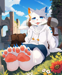  2023 4_toes 5_fingers amazing_background anthro blue_bottomwear blue_clothing blue_shorts blush bottomwear claws clothing cloud detailed detailed_background digital_media_(artwork) domestic_cat feet felid feline felis fingers flower grass hi_res hoodie male mammal nekojita pawpads paws plant ruins scenery shorts sky solo toe_claws toes tongue tongue_out topwear white_clothing white_hoodie white_topwear 