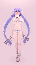  absurdres ahoge ass_visible_through_thighs black_ribbon blue_eyes blush boots bra braid breasts commentary covering_own_mouth crossed_bangs english_commentary female full_body hair_between_eyes hair_ribbon hands_up highres long_hair looking_at_viewer mushoku_tensei mycrys navel panties purple_bra purple_hair purple_panties ribbon roxy_migurdia small_breasts solo stomach swept_bangs thigh_gap twin_braids underwear very_long_hair 