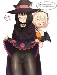  2girls anger_vein angry animal_ears arm_cuffs ass_visible_through_thighs assisted_exposure bare_shoulders bat_wings behind_another bell black_cape black_choker black_hair black_pantyhose black_skirt blonde_hair blush cape cat_button cat_ears choker cloak closed_eyes closed_mouth clothes_lift collarbone commentary cross-laced_clothes cross-laced_dress dress embarrassed eyelashes fake_horns fingernails folded_hair frilled_choker frilled_skirt frills furrowed_brow hair_ornament halloween hat hat_with_ears highres horns inoue_takina lifting_another&#039;s_clothes long_hair lycoris_recoil mibushiro multiple_girls neck_bell nishikigi_chisato one_side_up open_mouth orange_dress panties panties_under_pantyhose pantyhose presenting_another round_teeth short_hair simple_background skirt skirt_flip skirt_lift smile spoken_anger_vein standing star_(symbol) star_hair_ornament sweat teeth thigh_gap thighs translated trick_or_treat underwear upper_teeth_only v-shaped_eyebrows wavy_mouth white_background wings witch_hat yuri 