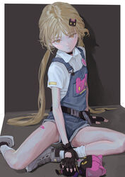  belt black_belt black_choker black_gloves blonde_hair blue_overalls choker closed_mouth commentary female fingerless_gloves fkey gloves grey_footwear hair_ornament highres long_hair looking_at_viewer low_twintails overall_shorts overalls shirli_(tower_of_fantasy) shoes socks solo symbol-only_commentary tower_of_fantasy twintails very_long_hair white_socks yellow_eyes 