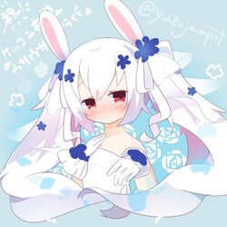  animal_ears azur_lane bare_shoulders blush commentary_request dress female flat_chest floral_background floral_print flower gloves highres laffey_(azur_lane) laffey_(white_rabbit&#039;s_oath)_(azur_lane) long_hair official_alternate_costume rabbit_ears red_eyes rose_print simple_background strapless strapless_dress twintails white_dress white_gloves white_hair yuzujampot 