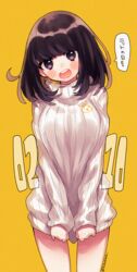  bird_hoodie_girl_(tsubaki_tsubara) black_eyes black_hair blunt_bangs blush breasts chick_print cloth_pull date_pun female medium_hair number_pun orange_background original signature speech_bubble sweater translated tsubaki_tsubaru turtleneck turtleneck_sweater white_sweater 