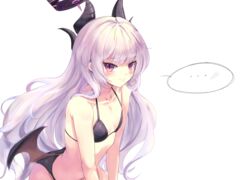  ... absurdres ahoge alternate_costume ass bad_id bad_pixiv_id bent_over bikini black_bikini blue_archive breasts cleavage collarbone commentary_request demon_girl demon_horns demon_wings female forehead frown halo highres hina_(blue_archive) horns long_hair looking_at_viewer navel parted_bangs pinkmarine purple_eyes sidelocks simple_background solo spaghetti_strap speech_bubble stomach swimsuit v_arms white_background white_hair wings 