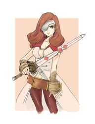  beatrix_(ff9) belt breasts brown_eyes brown_hair cleavage closed_mouth curly_hair eyepatch female final_fantasy final_fantasy_ix gloves highres long_hair pantyhose save_the_queen solo sword toutoumi weapon 