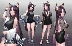  absurdres alternate_costume animal_ear_fluff animal_ears backless_dress backless_outfit bare_legs bare_shoulders black_dress black_footwear black_shirt black_shorts breasts casual commentary commission contemporary covered_navel dress eyewear_on_head female fox_ears gradient_background grey_background high_heels highres kamidori_alchemy_meister kohakuren large_breasts long_hair looking_at_viewer micro_shorts multiple_views neonbeat no_tail parted_bangs parted_lips purple_hair purple_nails shirt shoes shorts simple_background sleeveless sleeveless_shirt smile sunglasses very_long_hair watch wide_sleeves wristwatch yellow_eyes 