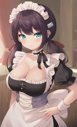  apron aqua_eyes azur_lane bad_id bad_pixiv_id black_hair blue_eyes blurry blurry_background blush breasts cleavage closed_mouth collar commentary cowboy_shot detached_collar female frilled_collar frills glasgow_(azur_lane) hair_ribbon hand_on_own_hip highres indoors large_breasts long_hair looking_at_viewer low_twintails maid maid_apron maid_headdress misogi_yasan puffy_short_sleeves puffy_sleeves red_ribbon ribbon short_sleeves solo twintails wrist_cuffs 