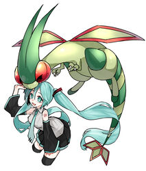  absurdres black_legwear black_skirt breasts collared_shirt commentary_request crossover detached_sleeves eyelashes female floating_hair flygon green_eyes green_hair green_necktie hair_between_eyes hatsune_miku highres long_hair looking_up necktie open_mouth pleated_skirt pokemon pokemon_(creature) reirou_(chokoonnpu) shirt skirt sleeveless sleeveless_shirt smile thighhighs tongue twintails vocaloid 