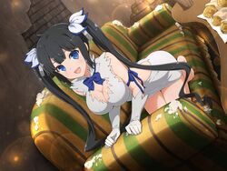  arm_ribbon barefoot black_hair blue_eyes blue_ribbon blush breasts broken_furniture cleavage cleavage_cutout clothing_cutout couch damaged dress dungeon_ni_deai_wo_motomeru_no_wa_machigatteiru_darou_ka female food gloves hair_ornament hair_ribbon hestia_(danmachi) large_breasts long_hair looking_at_viewer official_art on_couch open_mouth pencil_dress rei_no_himo ribbon senran_kagura senran_kagura_new_link smile solo third-party_source twintails white_dress white_gloves yaegashi_nan 