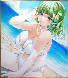  absurdres bare_shoulders beach bikini blue_eyes blue_sky blush breasts cloud cloudy_sky day female frilled_bikini frills frog frog_hair_ornament green_hair hair_ornament hand_on_own_head highres kochiya_sanae large_breasts looking_at_viewer medium_hair ocean ribbon sand shaded_face side-tie_bikini_bottom sitting sky smile snake snake_hair_ornament solo swimsuit touhou traditional_media water white_ribbon whoru 