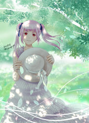  dated day dress female floating_hair grin hannelore_(honzuki_no_gekokujou) hat hat_ribbon holding holding_clothes holding_hat honzuki_no_gekokujou long_hair looking_at_viewer outdoors pink_hair red_eyes ribbon sleeveless sleeveless_dress smile solo standing striped_clothes striped_dress sun_hat sundress tree twintails twitter_username unworn_hat unworn_headwear vertical-striped_clothes vertical-striped_dress white_dress white_hat white_ribbon yuuko24 