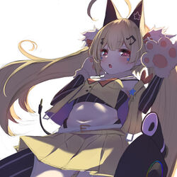  absurdres ahoge animal_ears animal_hands azur_lane belt black_panties blonde_hair blush breasts cat_ears cat_paws commentary_request elbow_gloves eldridge_(azur_lane) eldridge_(kitty_idol)_(azur_lane) fake_animal_ears female fur_collar gloves hair_ornament highleg highleg_panties highres isobe_eiji looking_at_viewer midriff miniskirt musical_note musical_note_hair_ornament navel official_alternate_costume panties paw_gloves pleated_skirt red_eyes simple_background skirt small_breasts solo standing thong twintails underwear vest white_background yellow_skirt 