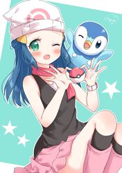  ;d beanie black_shirt blush boots commentary_request dawn_(pokemon) eyelashes female green_eyes hair_ornament hairclip hands_up hat highres holding holding_poke_ball kneehighs long_hair one_eye_closed open_mouth pink_footwear pink_skirt piplup poke_ball poke_ball_(basic) poke_ball_print pokemon pokemon_(creature) pokemon_dppt poketch shirt skirt sleeveless sleeveless_shirt smile socks spread_fingers star_(symbol) sugutsuka_rerun watch white_headwear wristwatch 