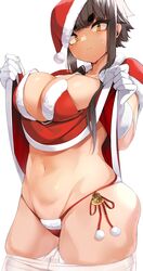  absurdres bell bikini blush breasts brown_hair capelet capelet_lift christmas closed_mouth commentary_request female gloves hat highres jovejun large_breasts lifting_own_clothes looking_at_viewer navel original red_bikini red_capelet red_hat santa_hat short_hair_with_long_locks side-tie_bikini_bottom simple_background solo sweat swimsuit thick_eyebrows tsubomioka_happa white_background white_gloves yellow_eyes 