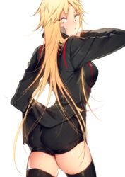  alpha_signature ass black_shorts black_thighhighs blonde_hair blush breasts clothes_lift commentary_request cowboy_shot female from_behind genderswap_(mtf) izumi_kouhei large_breasts long_hair long_sleeves looking_back pepper_fever rule_63 shirt_lift shorts signature simple_background solo tachikawa_squad&#039;s_uniform thighhighs tight_clothes very_long_hair white_background world_trigger yellow_eyes 