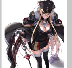  azur_lane bismarck_(azur_lane) black_thighhighs blonde_hair blue_eyes breasts cape cleavage closed_mouth cross female fur-trimmed_cape fur-trimmed_legwear fur_trim hair_between_eyes hat iron_cross large_breasts lefthand long_hair looking_at_viewer military military_hat military_uniform peaked_cap sidelocks smile solo thighhighs uniform 