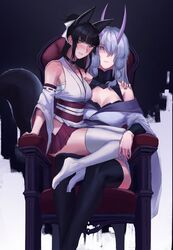  2girls animal_ear_fluff animal_ears arm_around_shoulder black_background black_choker black_hair black_thighhighs blunt_bangs blush breasts choker commission dangodes detached_sleeves english_commentary fox_ears fox_girl fox_tail hair_over_one_eye highres horns japanese_clothes kawakami_miyuki kawashima_misato kimono long_hair looking_at_viewer medium_breasts multiple_girls nose_blush off_shoulder original parted_lips purple_eyes sarashi sidelocks sitting sitting_on_lap sitting_on_person strike_witches_1991 tail thighhighs thighs white_kimono white_thighhighs world_witches_series yuri 