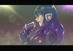  absurdres android blue_hair commentary_request female highres kira_miki letterboxed long_hair mechanical_arms microphone mugitarou music neon_lights pale_skin red_eyes singing solo va-11_hall-a 