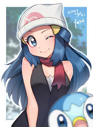  black_shirt blue_eyes blurry blush border closed_mouth commentary_request dated dawn_(pokemon) eyelashes female hair_ornament hairclip long_hair looking_at_viewer one_eye_closed piplup pokemon pokemon_(anime) pokemon_(creature) pokemon_dppt_(anime) red_scarf scarf shirt sidelocks signature sleeveless sleeveless_shirt smile white_border yasu_suupatenin 