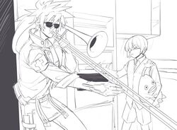  2boys commentary_request eyepatch grandfather_and_grandson guilty_gear guilty_gear_2 highres instrument kitchen kuangren_k line_art male_focus meme multiple_boys music oven playing_instrument shorts sin_kiske sol_badguy spiked_hair stuffed_toy sunglasses trombone when_mama_isn&#039;t_home_(meme) 